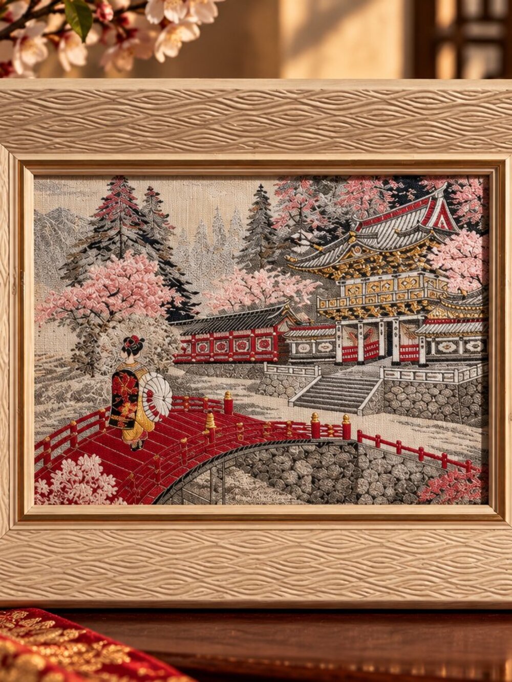 Vintage Japanese Geisha Temple Tapestry Framed Wall Art